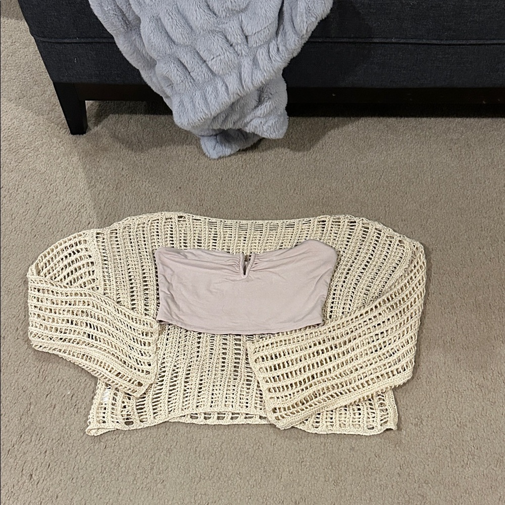 Women's Set Cream Knit Sweater with Cropped Tube Top